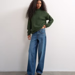 Topshop rolled edges longline chunky knit sweater in olive
