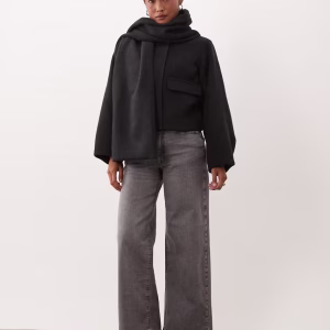 ASOS DESIGN Petite formal short coat and scarf set with wool in gray melange