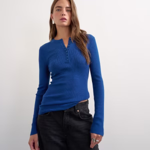 Topshop knit wool blend long sleeve henley neck top in cobalt