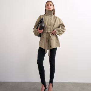 Topshop performance fabric tie waist funnel neck jacket in neutral