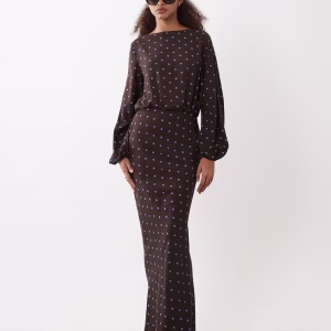 ASOS DESIGN long sleeve blouson maxi dress in spot print in chocolate and blue