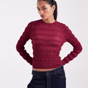 ASOS DESIGN shirred fine knit long sleeve top in burgundy