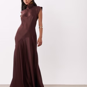 ASOS DESIGN satin maxi dress with godets in chocolate brown