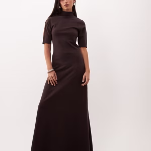 Pretty Lavish knit high neck short sleeve maxi dress in chocolate