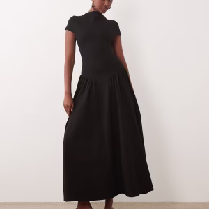 Kaiia exclusive high neck short sleeve fit and flare basque dropped waist detail maxi dress in black