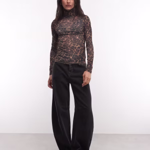 ASOS DESIGN sheer turtle neck long sleeve in leopard print