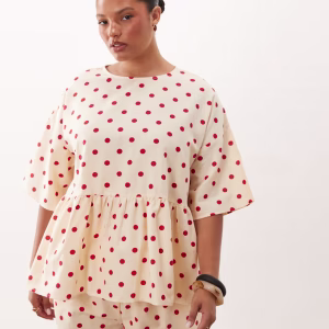ASOS DESIGN Curve oversized short sleeve peplum top in polka dot print - part of a set