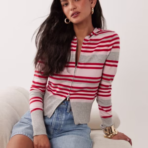 Cotton On everfine fitted hooded knit in petal red gray heather striped print