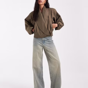 ASOS DESIGN shawl collar wrap bomber jacket in olive green