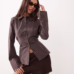 Gina Tricot cinched waist shirt in chocolate brown stripe