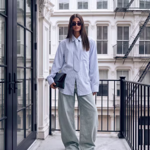 Lioness exclusive Chelsea cotton oversized shoulder pad detailing shirt with necktie in blue stripes