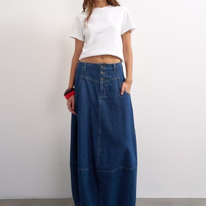 Topshop button front barrel maxi skirt in indigo