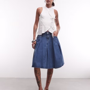 Reclaimed Vintage denim pleated midi skirt in indigo