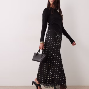 JDY lace trim satin maxi skirt in black polka dot print