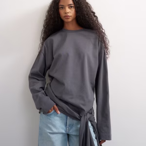 Topshop long sleeve tie waist detail top in charcoal