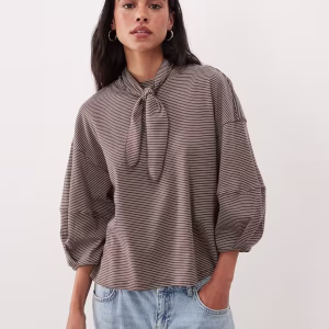 ASOS DESIGN tie detail long sleeve top in striped print