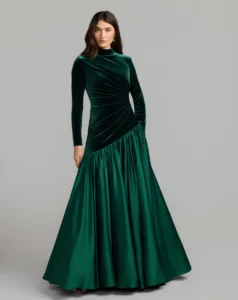 Emerald Green Velvet Bodice Long Sleeve Charmeuse Gown