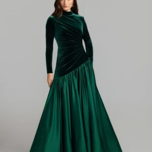 Emerald Green Velvet Bodice Long Sleeve Charmeuse Gown