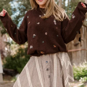 Ellis Sweater in Warm Cocoa Lovelorn Ditsy Embroidery