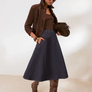 Friends Like These Rinse Wash Denim Seamed A Line Midi Skirt