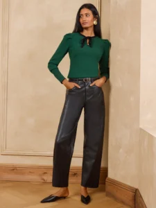 Love & Roses Forest Green Puff Sleeve Crew Neck Tie Detail Knitted Top