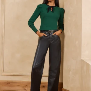 Love & Roses Forest Green Puff Sleeve Crew Neck Tie Detail Knitted Top