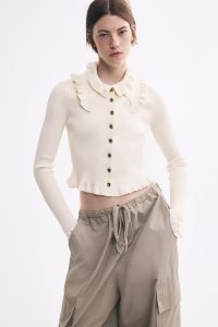 Ruffle-Trimmed Rib-Knit Top
