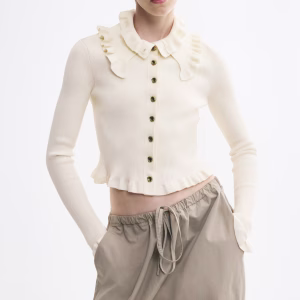 Ruffle-Trimmed Rib-Knit Top