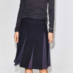 BELTED PLEATED WOOL-BLEND SKIRT Navy
