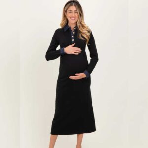 Black Denim Trim Maternity Knit Dress