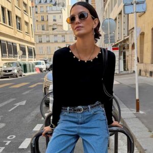 Black Stud Long Sleeve Rib Top