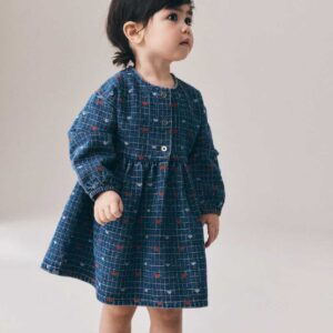 Blue Denim Jaquard Heart Denim Long Sleeve Dress