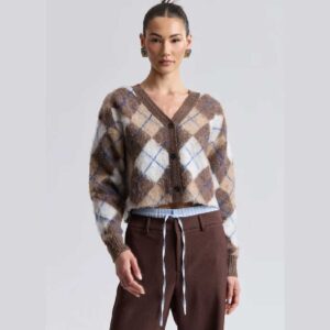 Brushed Argyle Jacquard Cropped Cardigan