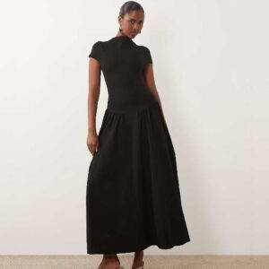 Kaiia fit and flare basque dropped waist detail maxi dress