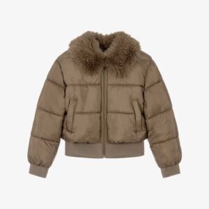 Mayoral Girls Brown Puffer Jacket with Faux Fur Collar