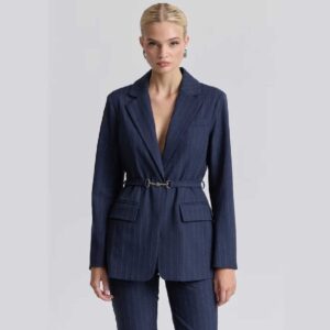 Pinstripe Belted Blazer Navy-White