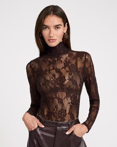 Sheer Lace Mock Neck Long Sleeve Top