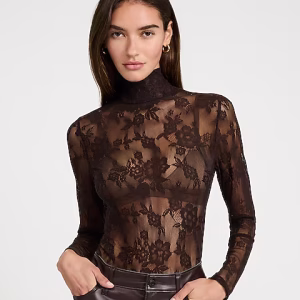 Sheer Lace Mock Neck Long Sleeve Top