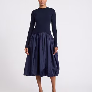 Mixed Media Drop Waist Bubble Hem Midi Dress with Pockets