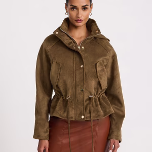 Faux Suede Funnel Neck Drawstring Peplum Jacket