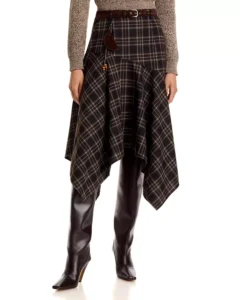 AQUA Belted Plaid Asymmetrical Skirt