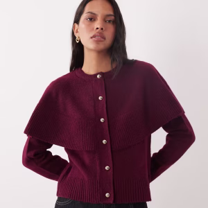 Brave Soul crew neck cardigan with cape detail in wine