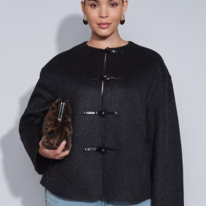 ASOS DESIGN wool blend collarless jacket with frog closure trim in charcoal