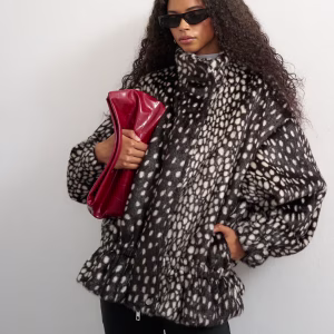 Topshop faux fur high neck cinch jacket in brown deer print