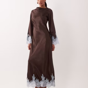 TFNC satin cowl neck contrast lace trim bell sleeve maxi dress in chocolate