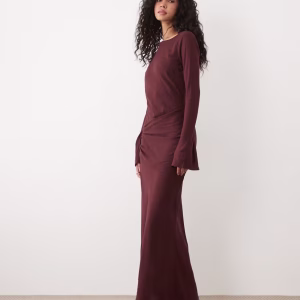 ASOS DESIGN crew neck long sleeve maxi dress with scarf detail in chocolate