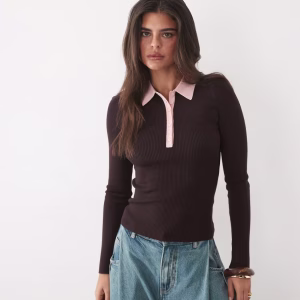 Nobody's Child fine rib knitted contrast collar long sleeve top in chocolate and pink
