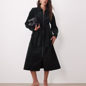 Nobody's Child Kai cord spread collar zip down belted midi dress in dark green