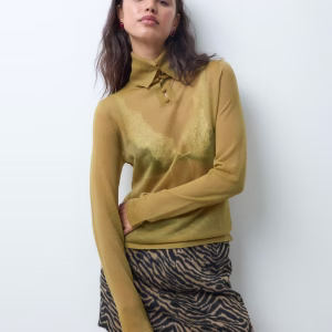 ASOS DESIGN sheer knit button turtleneck top in ochre