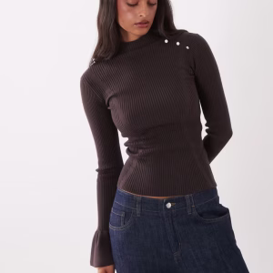 The Frolic exclusive high neck ribbed pearl detail flare sleeve sweater in chocolate